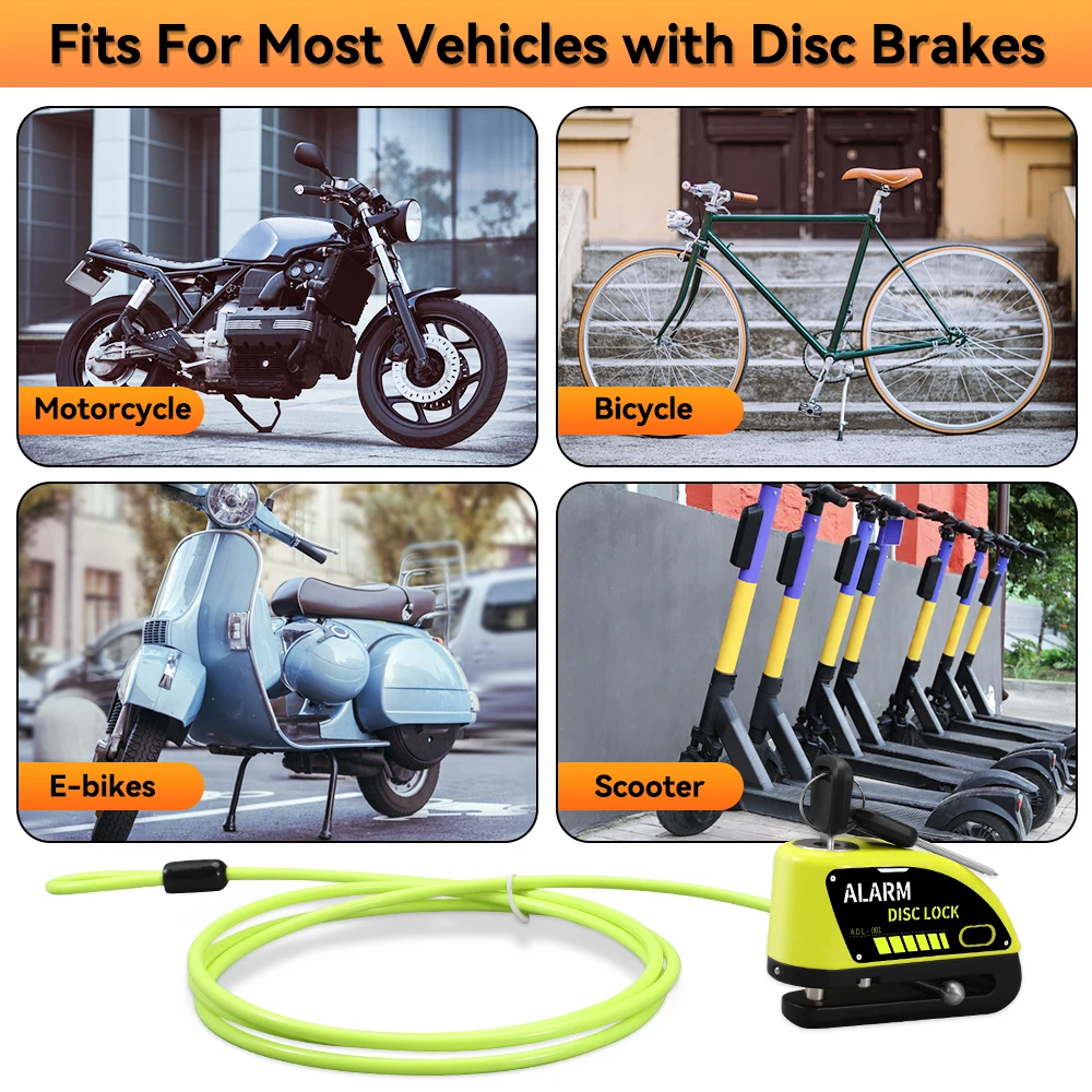 Ouspow Motorcycle Lock Rechargeable 120dB Alarm Disc Brake Locks Anti-Theft Security Wheel Disc Lock Waterproof with 1.8M Cable