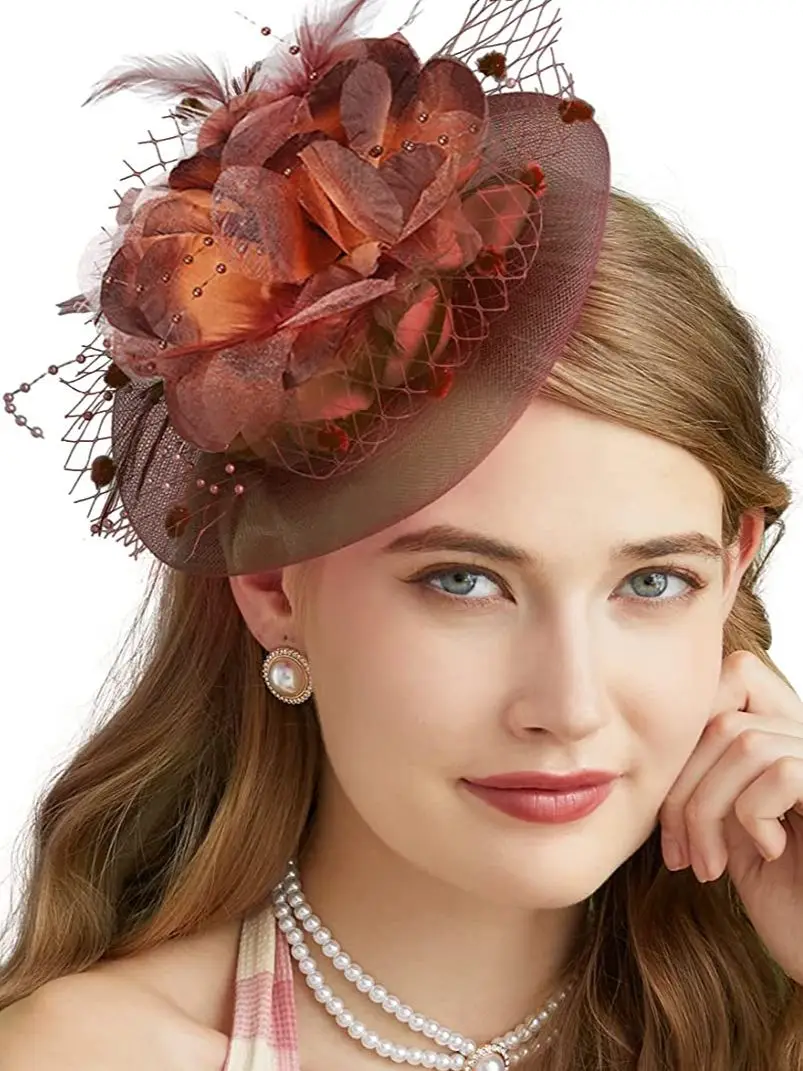 Fascinators Lady Hats Fancy for Womens 50s Mesh Headwear with Veil Flower tail Wedding Tea Party Church Derby Hat smile