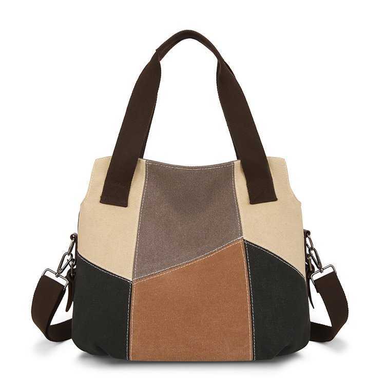 Simple and fashionable women's bag contrast canvas bag women's large capacity contrast splicing cloth bag new one shoulder handbag