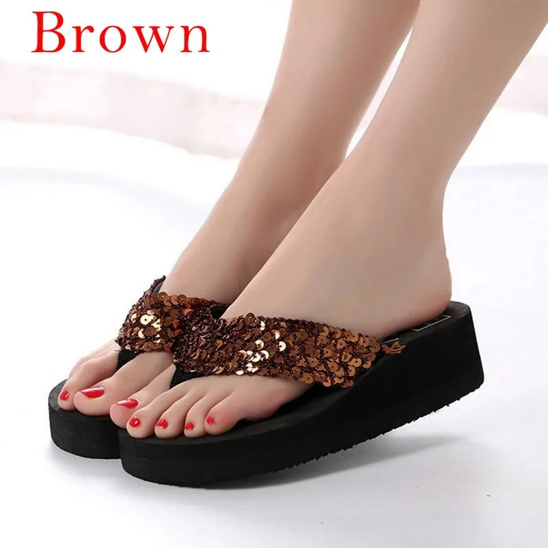 Women Summer Sandals Sequins Beach Female Flip Flops Women's Slippers High Heel Shoes For Women 2023 Platform Wedge Slippers 's smile '