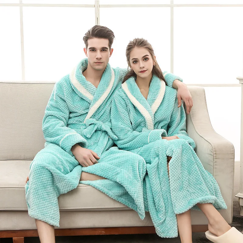 Winter New Sleepwear Warm Flannel Robe Long Home Clothes Women's Bathrobe Thicken Fleece Bath Gown Men Shower Robes Peignoirs