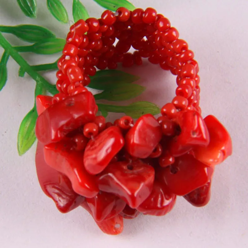 Coral Handmade Stone Beads Amethyst Crystal Quartz Agate Sodalite Turquoise Opal Garnet Elastic Finger Ring Stretch Size 8-9 smile