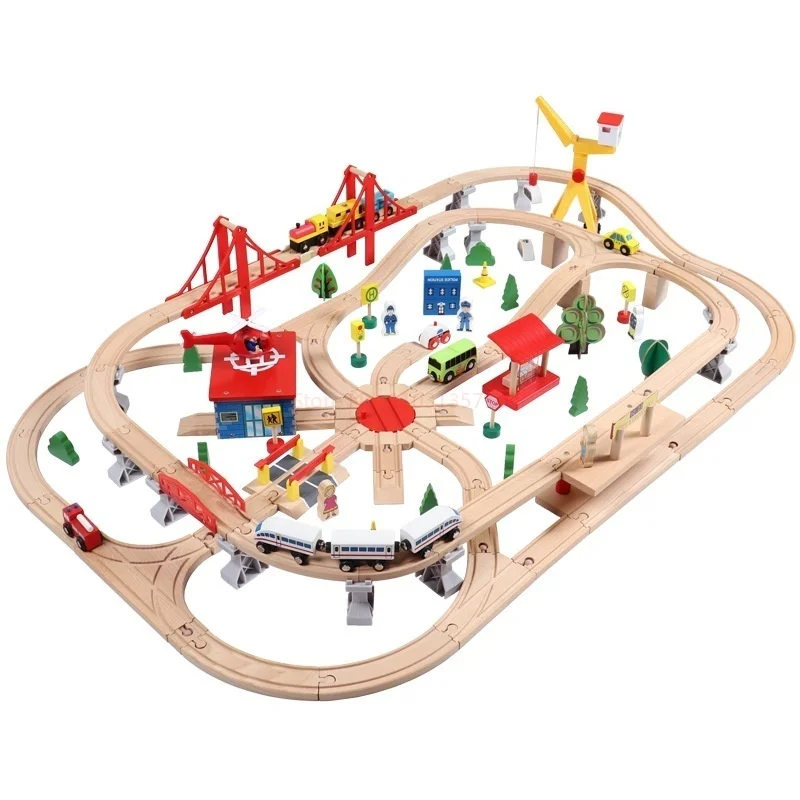 High Speed Railway 130p Wooden Wooden Track Car Harmony Electric Small Train Set Children's Wooden Track Electric Train Toy