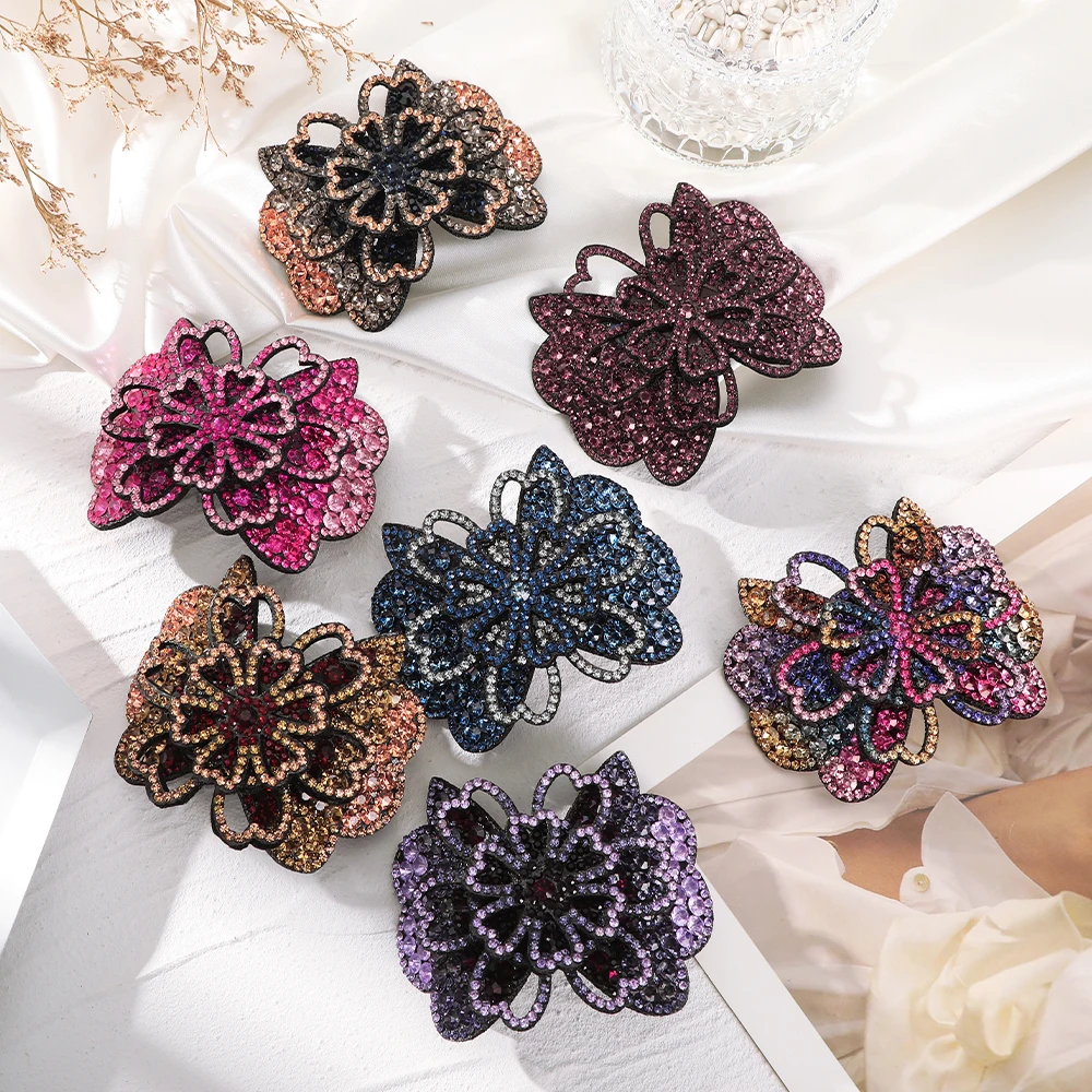 Rhinestone Full AWAYTR Elegant ddmysmile Flower Hair Clip Barrettes Headband For Women Hair Accessories Crystal Hairpin Spring Clips Smile
