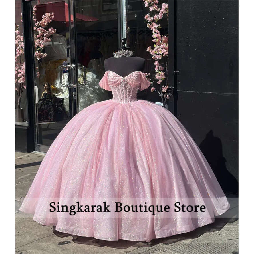 Glitter Pink Quinceanera Dresses Sweet 16 Dress Beads Pearls Crystal Rhies 16Th Girls Birthday Party Gowns Vestido De 15