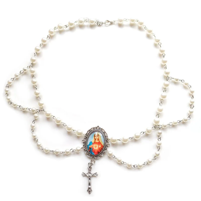 Acrylic QIGO Pearl Black Tassel Cross Virgin Chokers Necklace For Women Religious Jewelry smile