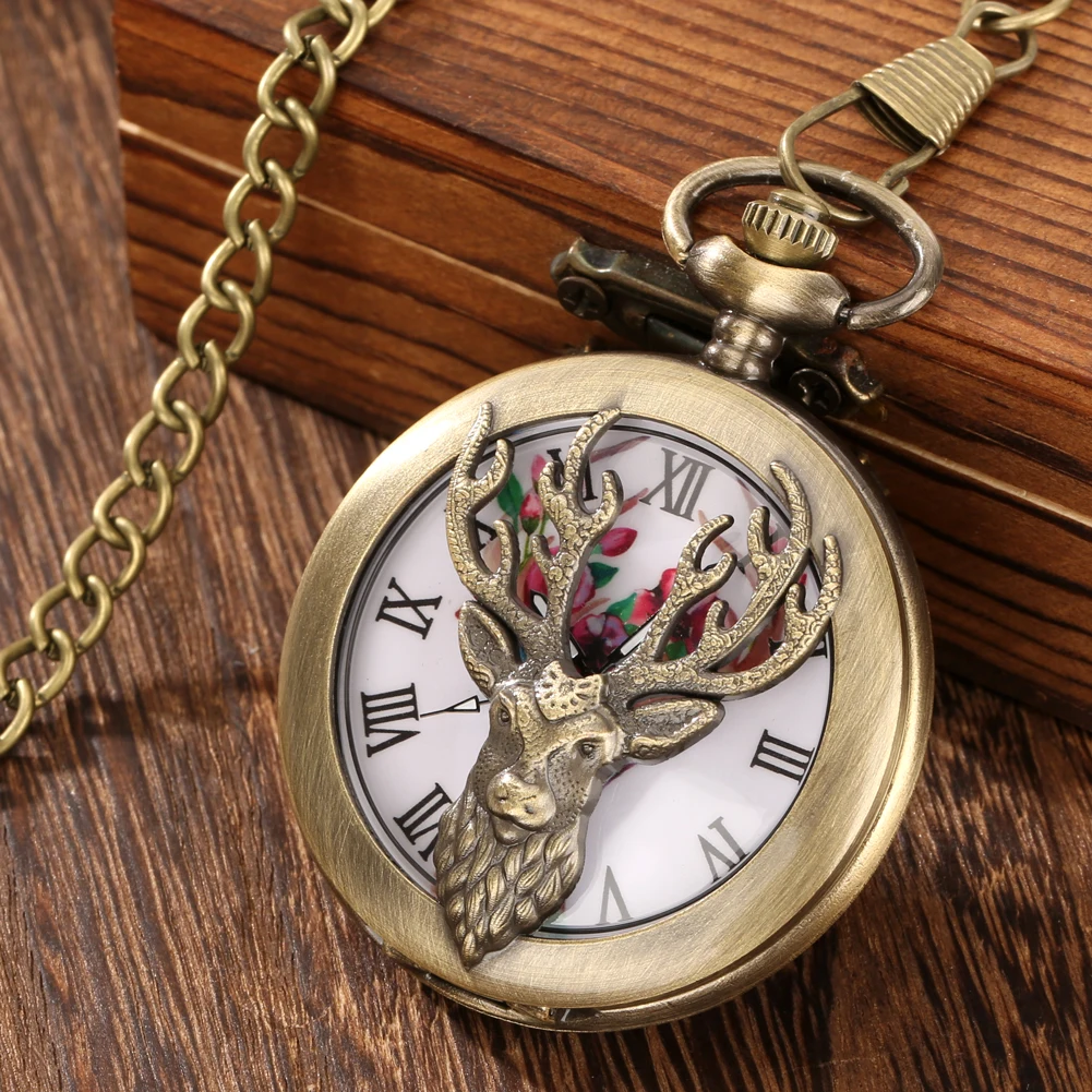 Hunter Elk Head Half Roman Numerals Bronze Men's Quartz ddmysmile Pocket Watch Trendy Retro Women's Necklace Pendant Watches Antique Clock S