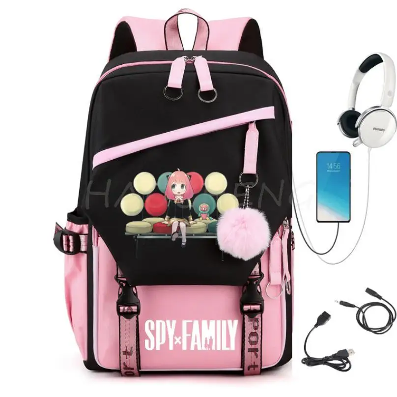 Backpack Family SPY X USB Charge ddmysmile Pink Travel Canvas Student Backpack Anya Forger Schoolbags For Teens Boys&Girls Mochilas Smile