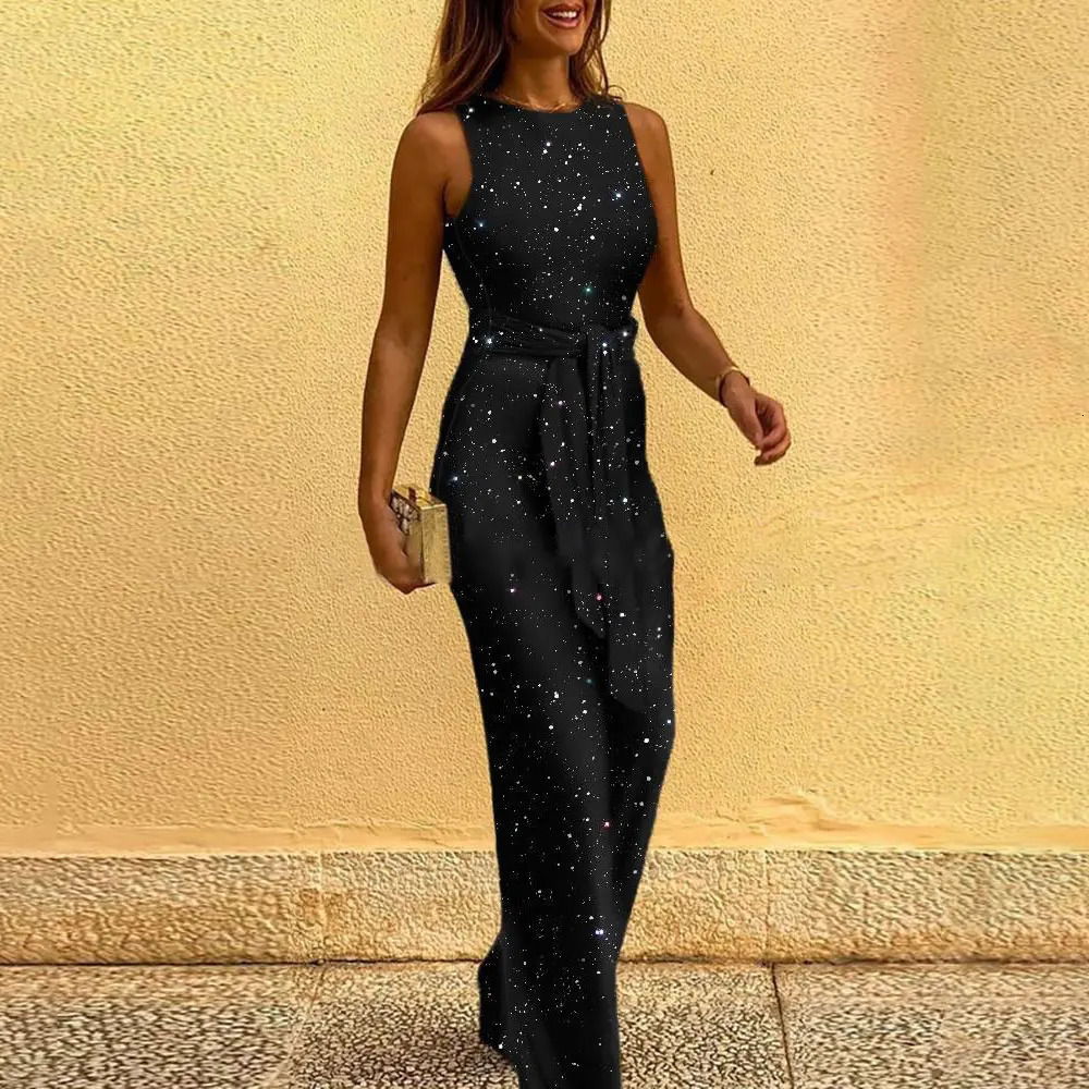 Women Elegant Sleeveless Sequin Glitter Shiny Jumpsuit Trousers Wide Leg Pants Sexy Slim Fit Backless Romper Overalls 240409