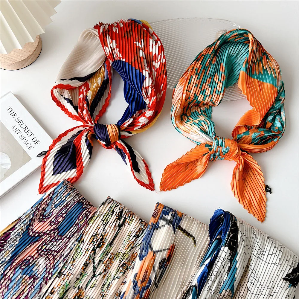 Square Floral Silk Crinkle Hair Bands Scarf Women Luxury Headband Scarves Bandana Foulard Office Ladies Shawl Accessories 2023