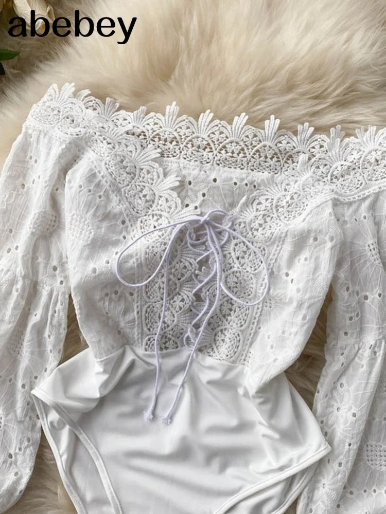 Hollow Women Rompers Design Puff Sleeve Slash Neck Sexy Slim Jumpsuits Autumn Korean Off Shoulder Short Bodysuit New smile