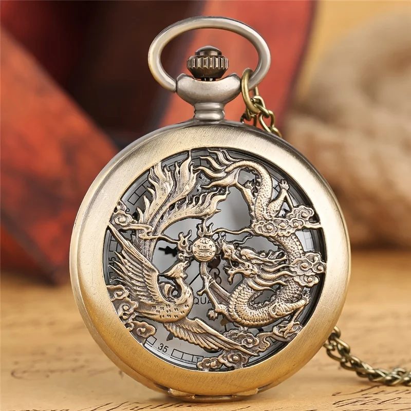 Retro Playing Double Dragons with Beads Quartz Pocket Watch With Necklace Chain Gift for Male Women Chronograph Hombre Relojes smile