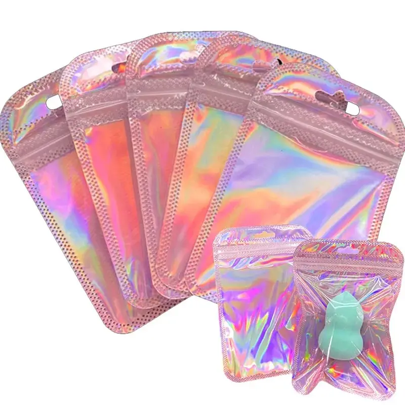 Iridescent Sealing 50pcs Self OPP Bags Laser Iridescent Zip lock Resealable Package Pouch Retail DIY Jewelry Storage Accessories smile