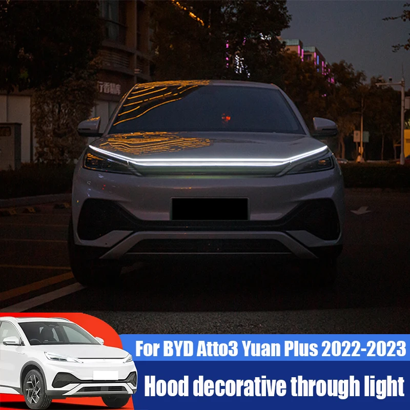 For BYD Atto3 Yuan Plus 2022 2023 Automotive hood through type daytime running light dynamic LED grille atmosphere light strip