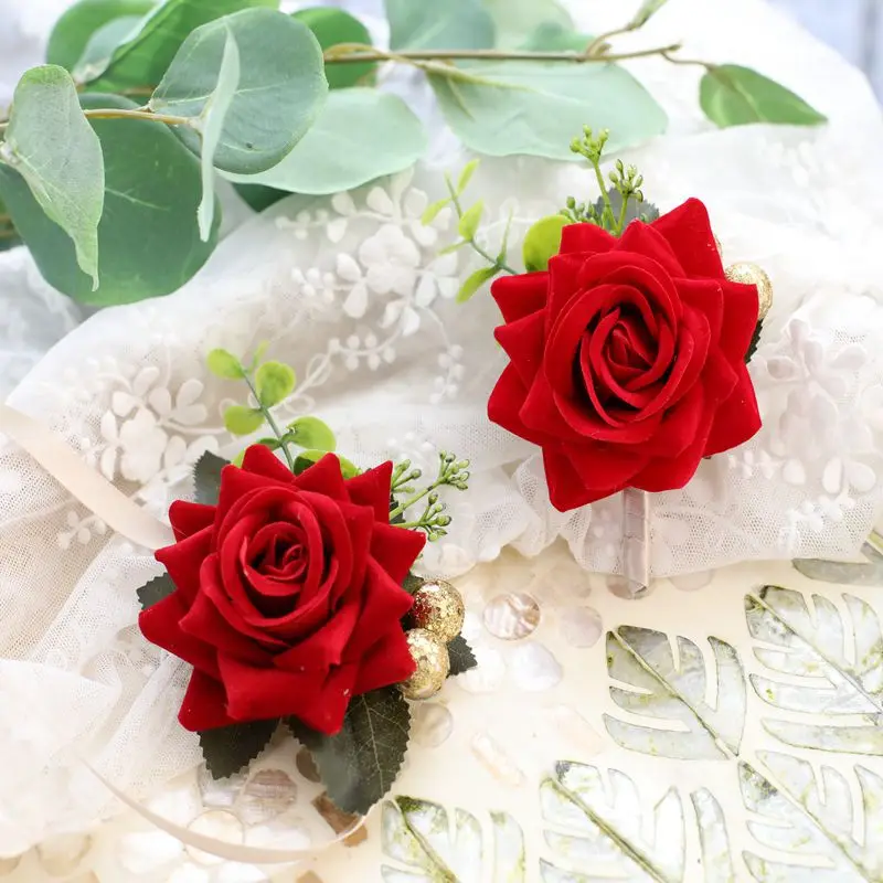 Roses Boutonniere Silk Groom Brooch Flowers Wedding Wrist Corsage Bridesmaids Prom Marriage Corsage Flowers Accessories smile