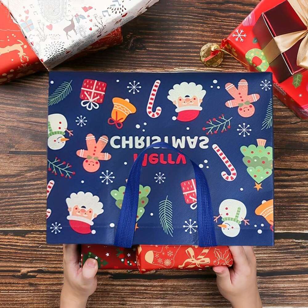 Christmas Set of 8 Christmas Reusable Shopping Totes Non-Woven Shatterproof Rectangle Gift Bags with Handles for Wrapping