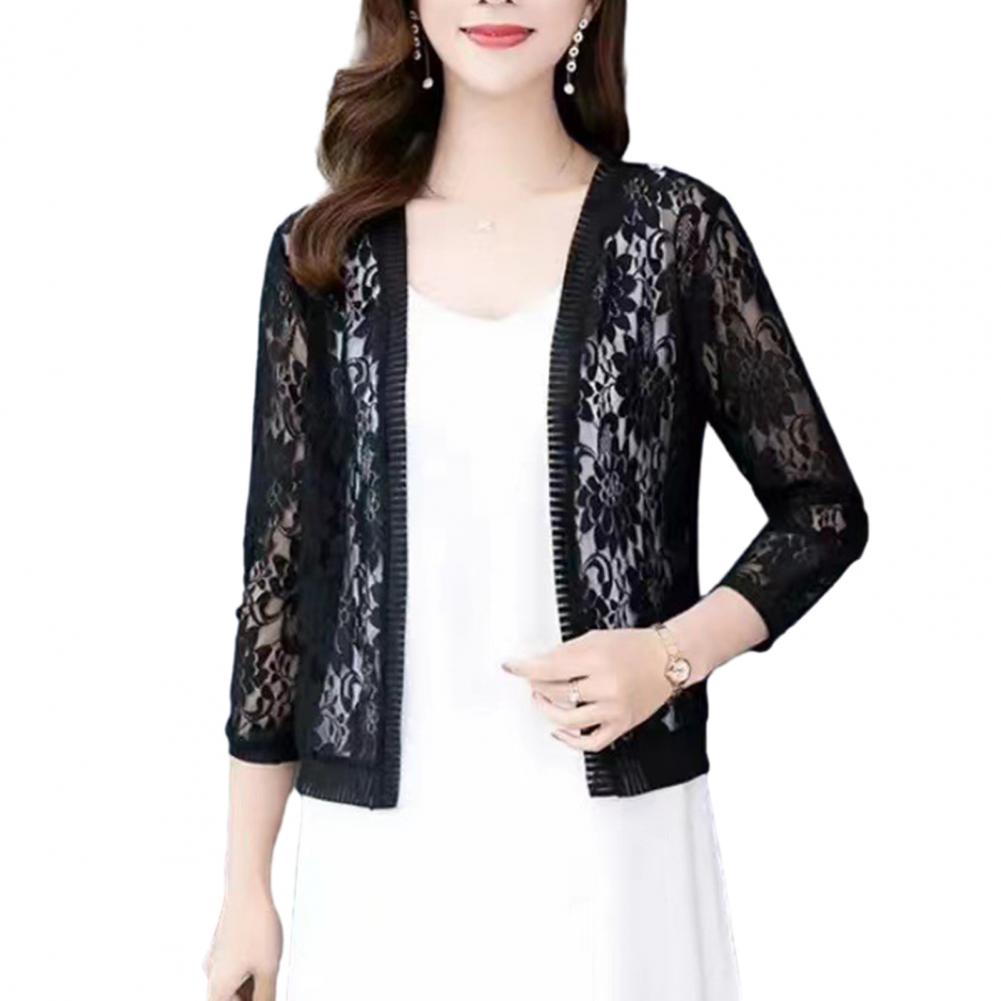Women Floral Lace Cardigan Lightweight Women Summer Lace Cardigan Solid Color Sun-resistant Ladies Summer Short Top Cover Up