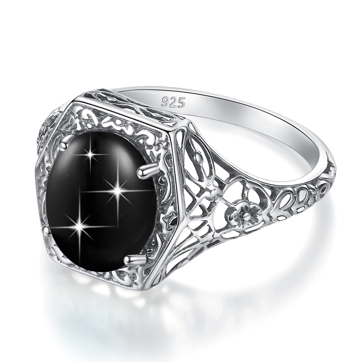 Szjinao Vintage Oval 8*12mm Black Onyx Ring For Women Silver 925 With Stone Large Cocktail Rings Delicate Gift For Wife Lovers'