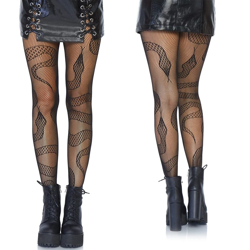 Snake Patterned new Tights Women Black See Through Mesh 2025 Pantyhose Clubwear