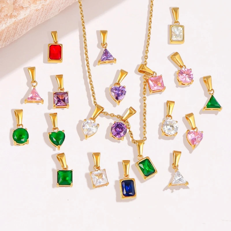 MODAGIRL stainless steel gold-plated square heart-shaped triangle circular rectangle charm four-color CZ necklace loose small pendant 241108