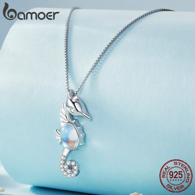 Sier Sterling Bamoer Platinum Plated Monestone Seahorse Pendant Necklace Pave Setting CZ ddmysmile For Women Valentine's Day Gift Smile
