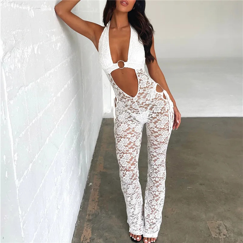 Hirigin Womens Hollow Lace Tight Jumpsuit Hanging Neck Sleeveless Showing Navel Long Pants Solid Color Bodysuit for Summer 240409