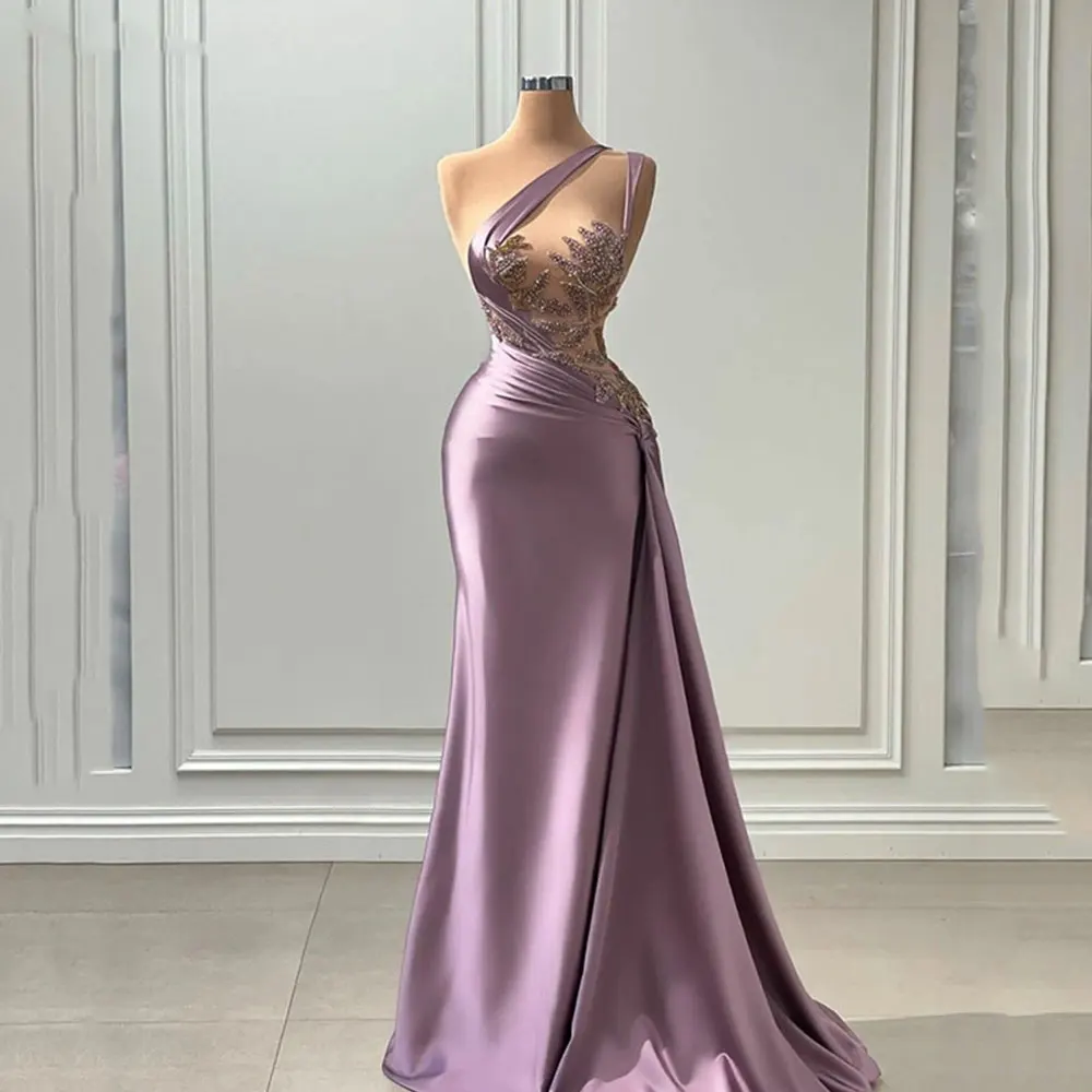 Purple One Shoulder 2025 Evening Dresses Women's Mermaid Chest Waist Seen Through Sexy Party new Gowns Beaded Pleats Satin Floor Skirts
