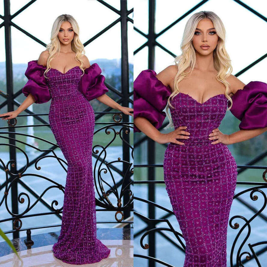 Gorgeous Evening Dresses Mermaid Strapless Beading Sequins Half Sleeve Prom Gown Party Dress Vestido De Noite Custom Made 0218