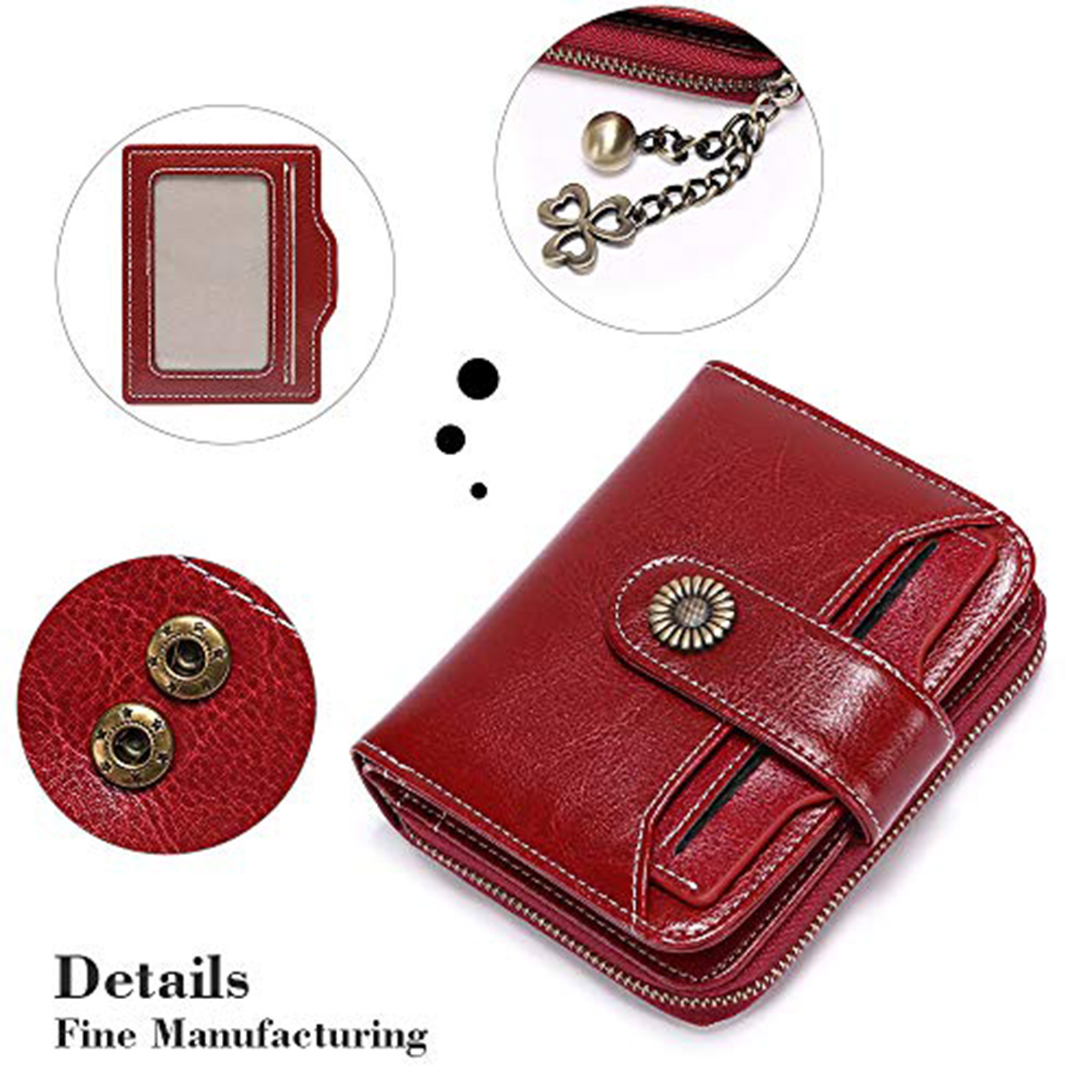 Genuine Leather Women Wallet Short Zipper 100% Head Layer Cowhide Card Holder with Chain Cute Small Coin Purses Female Money Bag