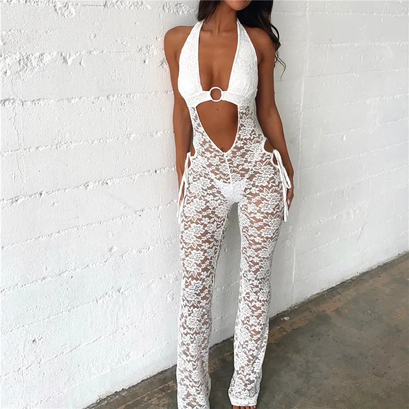 Hirigin Womens Hollow Lace Tight Jumpsuit Hanging Neck Sleeveless Showing Navel Long Pants Solid Color Bodysuit for Summer 240409
