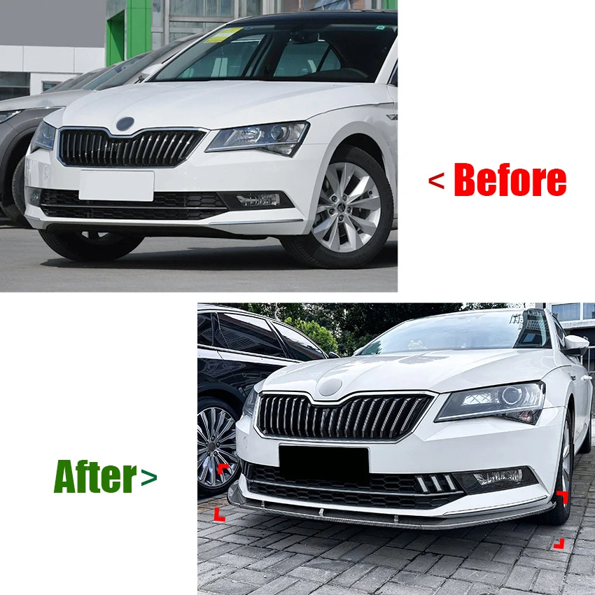 3pcs Car Front Bumper Lip Splitter Diffuser For Skoda Superb B8 2016-2018 Spoiler Body Kit Tuning Accessories Gloss Black ABS