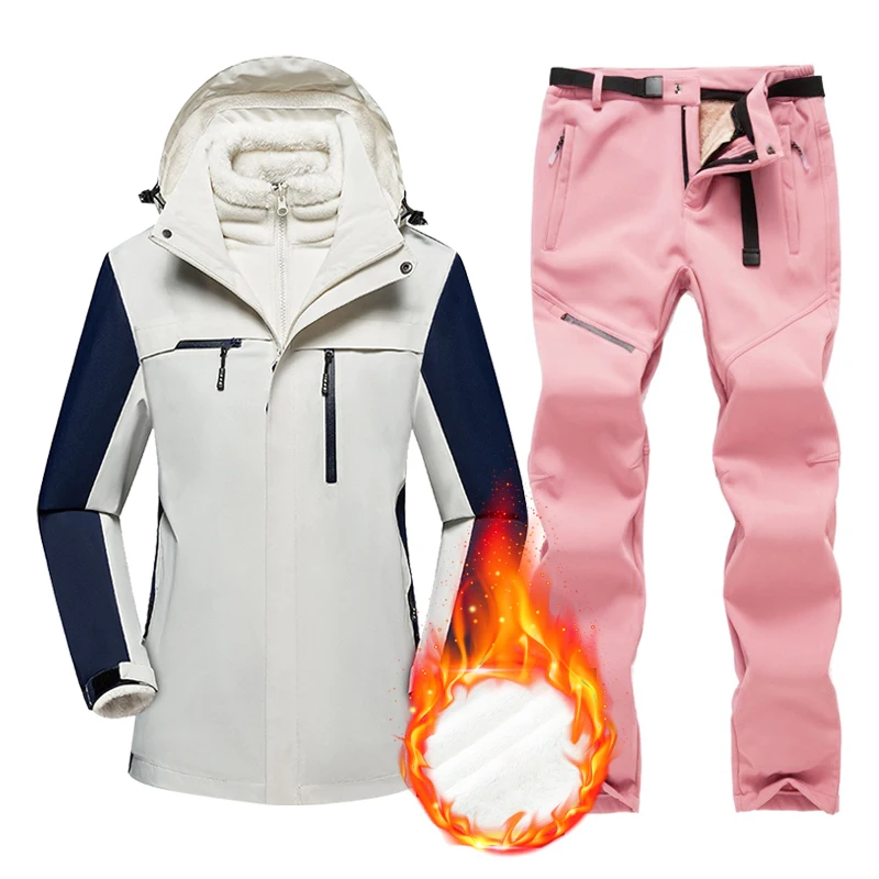 Suit Winter Warm Ski Women Windproof Waterproof Snowboarding Fleece Jackets and Snow Pants Female Skiing Costumes Overalls smile