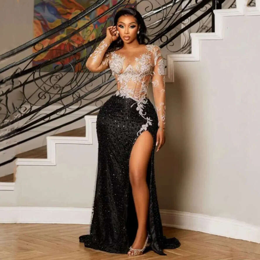 African Lorencia Lace Mermaid Prom Long Sleeve Aso Ebi Specialguest Dress Black Girl Evening Gown Robe De Soiree Ypd