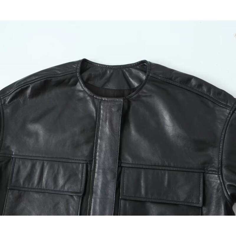 shanshi leather jacket women Autumn New Women's Fashion Round Neck Leather Pocket Jacket Coat