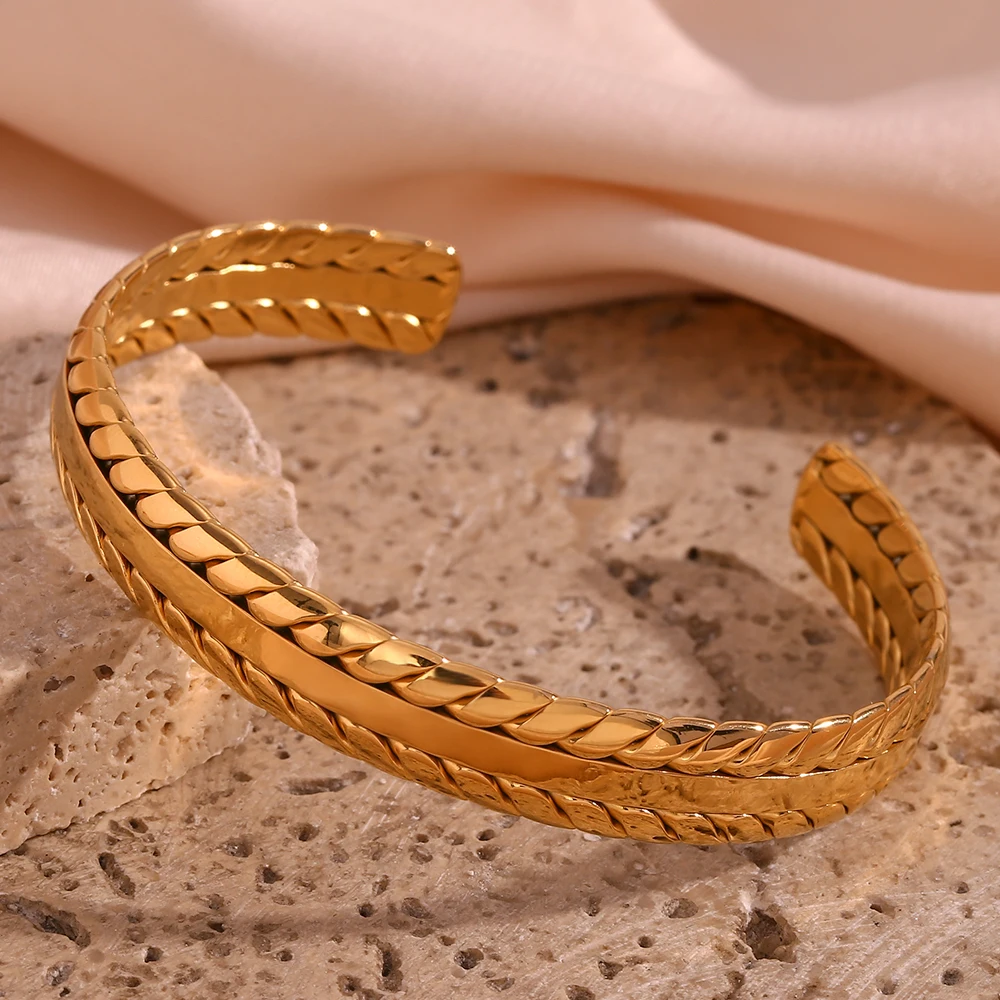Gold Braid Plated Textured ddmysmile 2 Tones Sier Color Arm Cuff Bangles Bracelets For Women Acero Inoxidable Joyeria Premium Smile