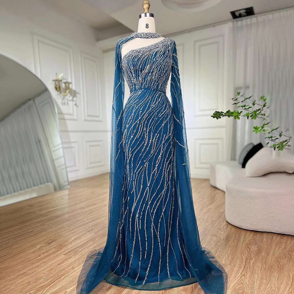 Serene Hill Black Mermaid Cape Sleeves Beaded Evening Dresses Gowns Arabic Party LA Customized