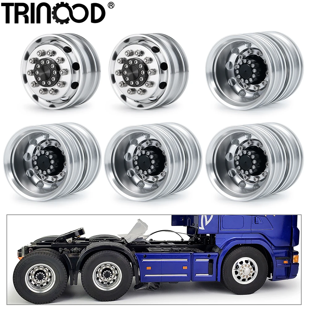 TRINOOD 6PCS Metal Front and Rear Wheel Hub Rim Set 6x6 for 1/14 Tamiya Truck RC Trailer Tractor Car Upgrade Parts