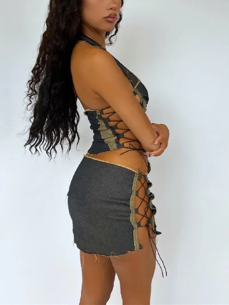 Top and Skirt Set Bandage Night Club Outfit Halter Festival Vintage Sexy Splice Two Peice for Women Matching Sets 240326