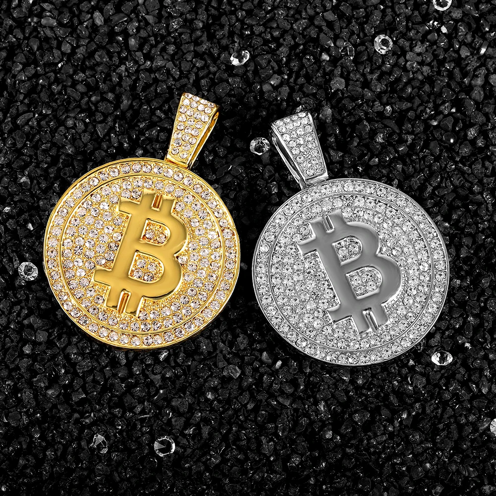 Out Bitcoin Pendant Iced Full Rhinestone Match Bling 4Mm ddmysmile Tennis Chain Necklace Choker Hip Hop Trendy Jewelry For Men And Women Smile