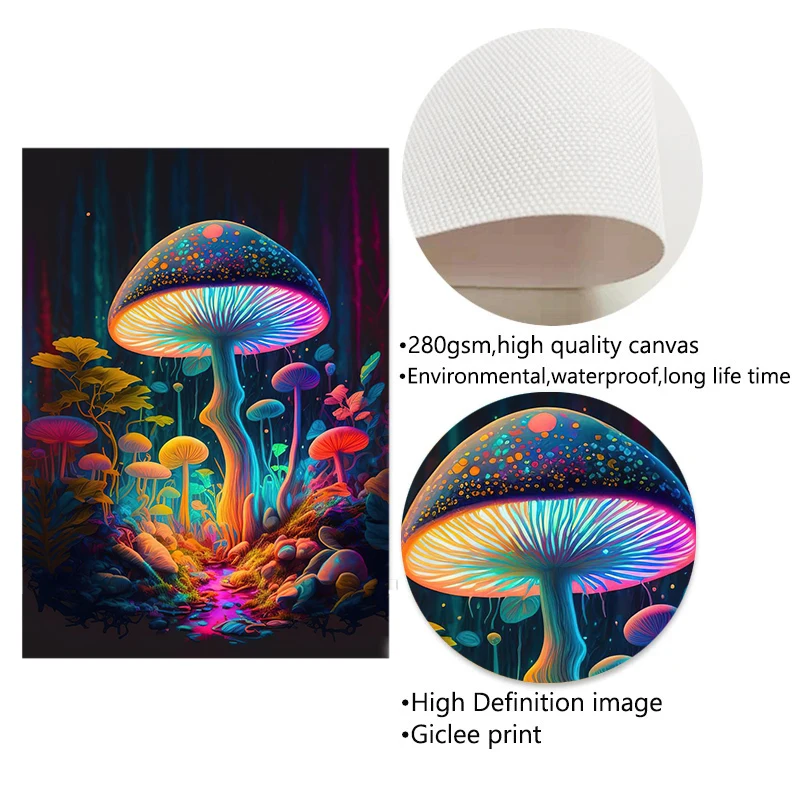 Poster Fantasy Mushrooms Psychedelic Shiny Mushroom Canvas Printing Painting Wall Art Picture Home Living ddmysmile Room Decor Cuadros Smile