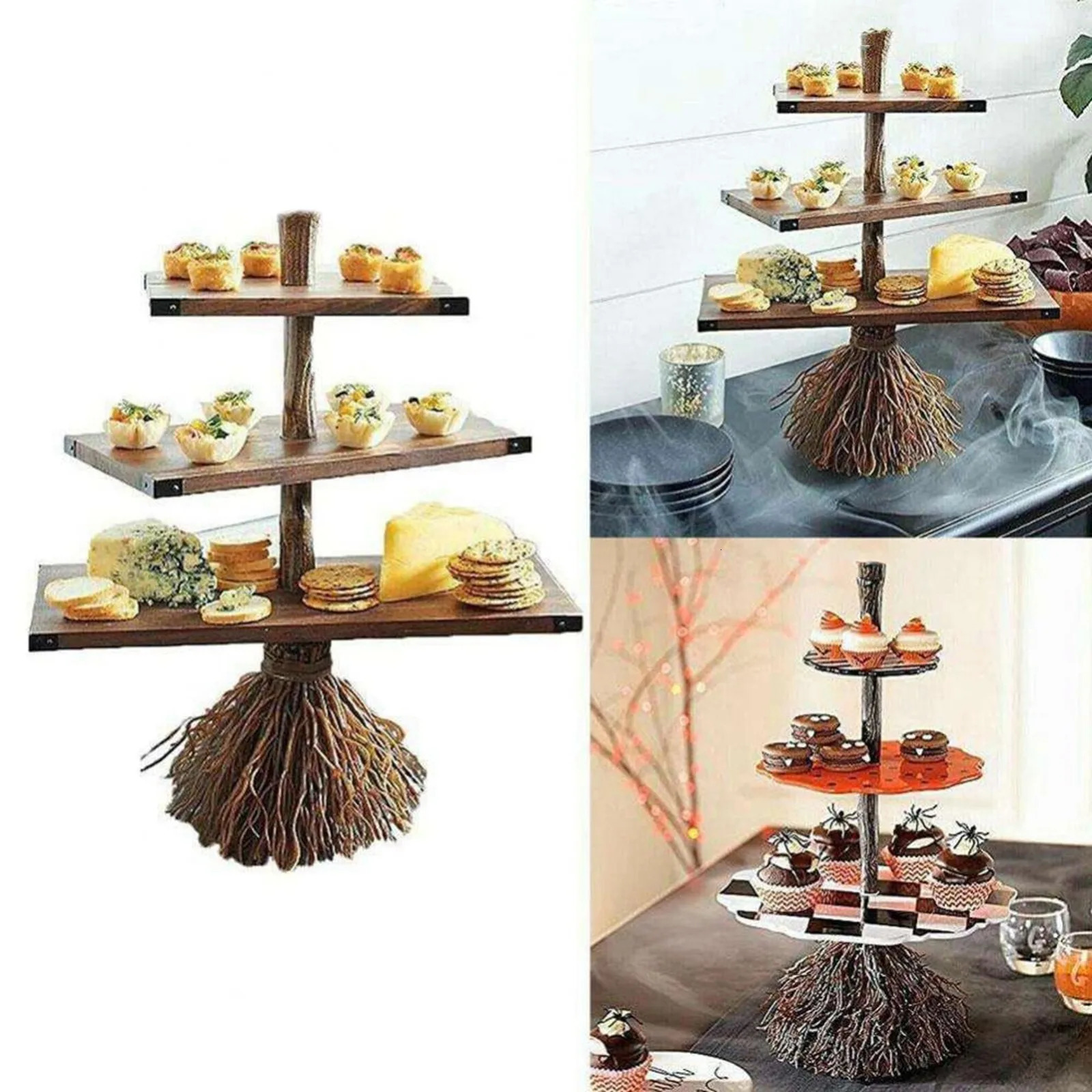 Witch Broom Table Tree Root Decor Snack Tray Cake Dessert Fruit Stand Party Food Display Halloween 240407