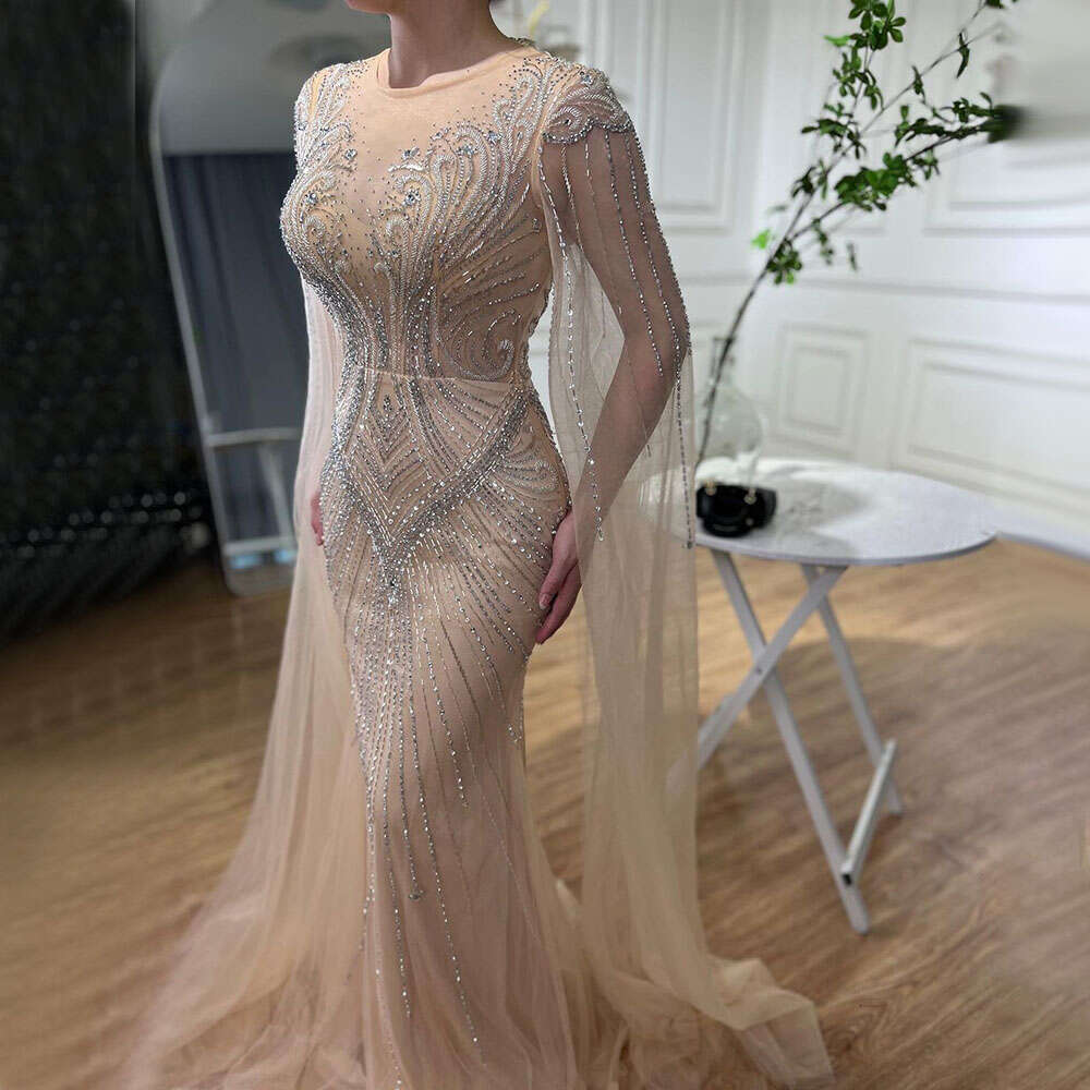 Mermaid Customizedarabic Nude Cape Sleeves Elegant Beaded Evening Dresses Gowns For Women Party