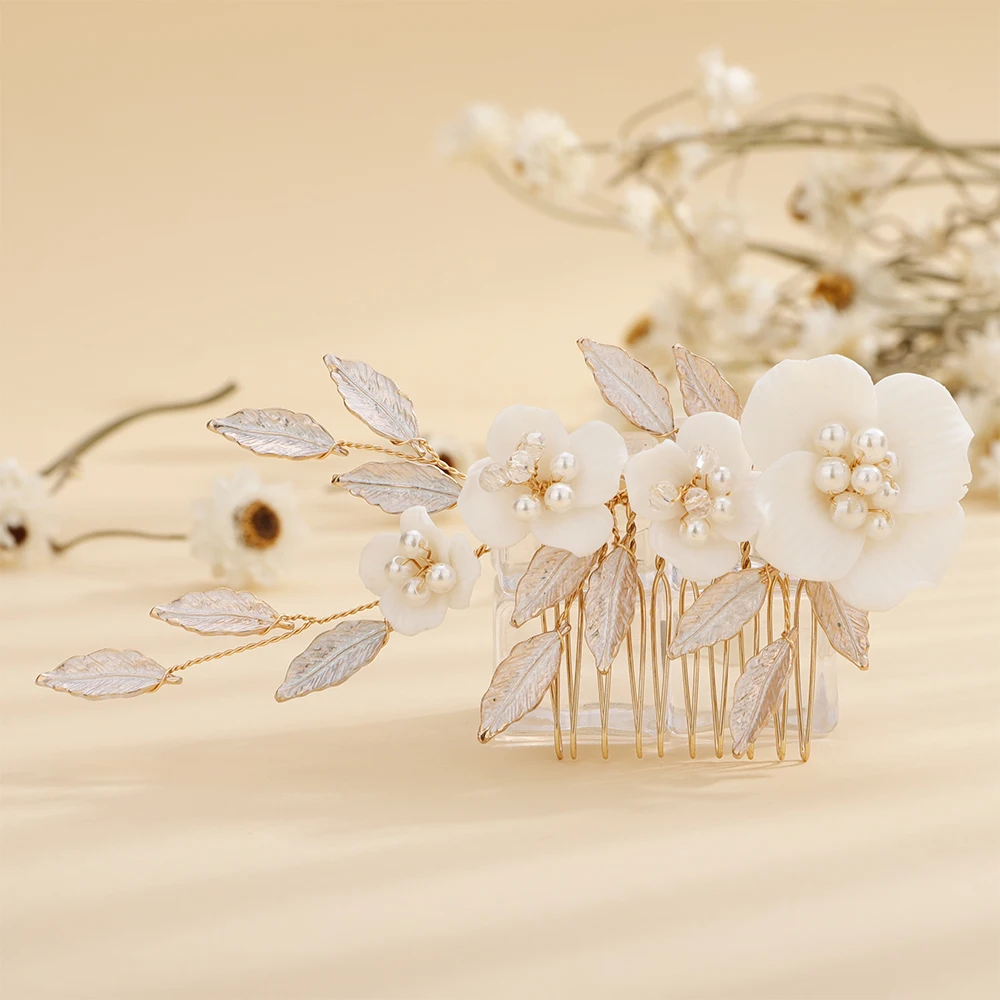 Flower Rhinestone Bridal Gold Hair Comb Pearl Leaves Women Wedding Head Jewelry Accessories Sier ddmysmile Handmade Headpiece For Bride Smile