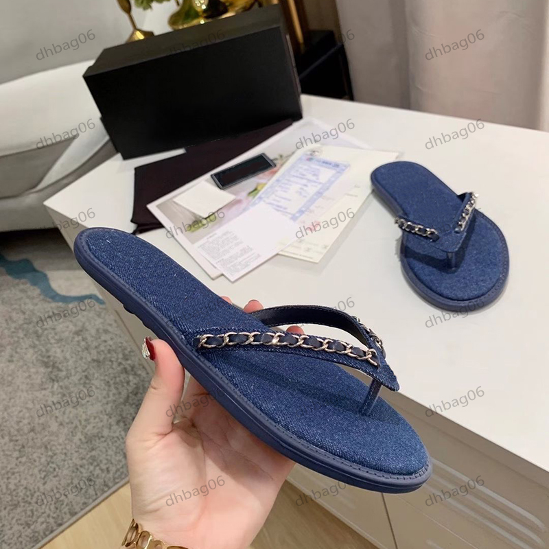 Designer Ladies Denim Blue Chain Strip Slippers Rubber Non-Slip Outsole Flip-Flops Mule Outdoor Slide Beach Shoes With Dust Bag