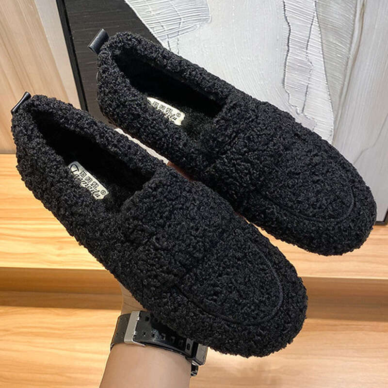 Plus Size Women Shearg Flats Furry Lambswool Mocasines Mujer Warm Cotton Shoes Ladies Slip On Sheep Fur ed Loafers Winter
