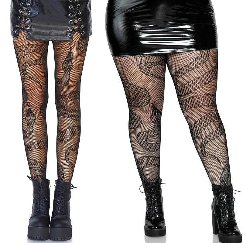 Snake Patterned new Tights Women Black See Through Mesh 2025 Pantyhose Clubwear