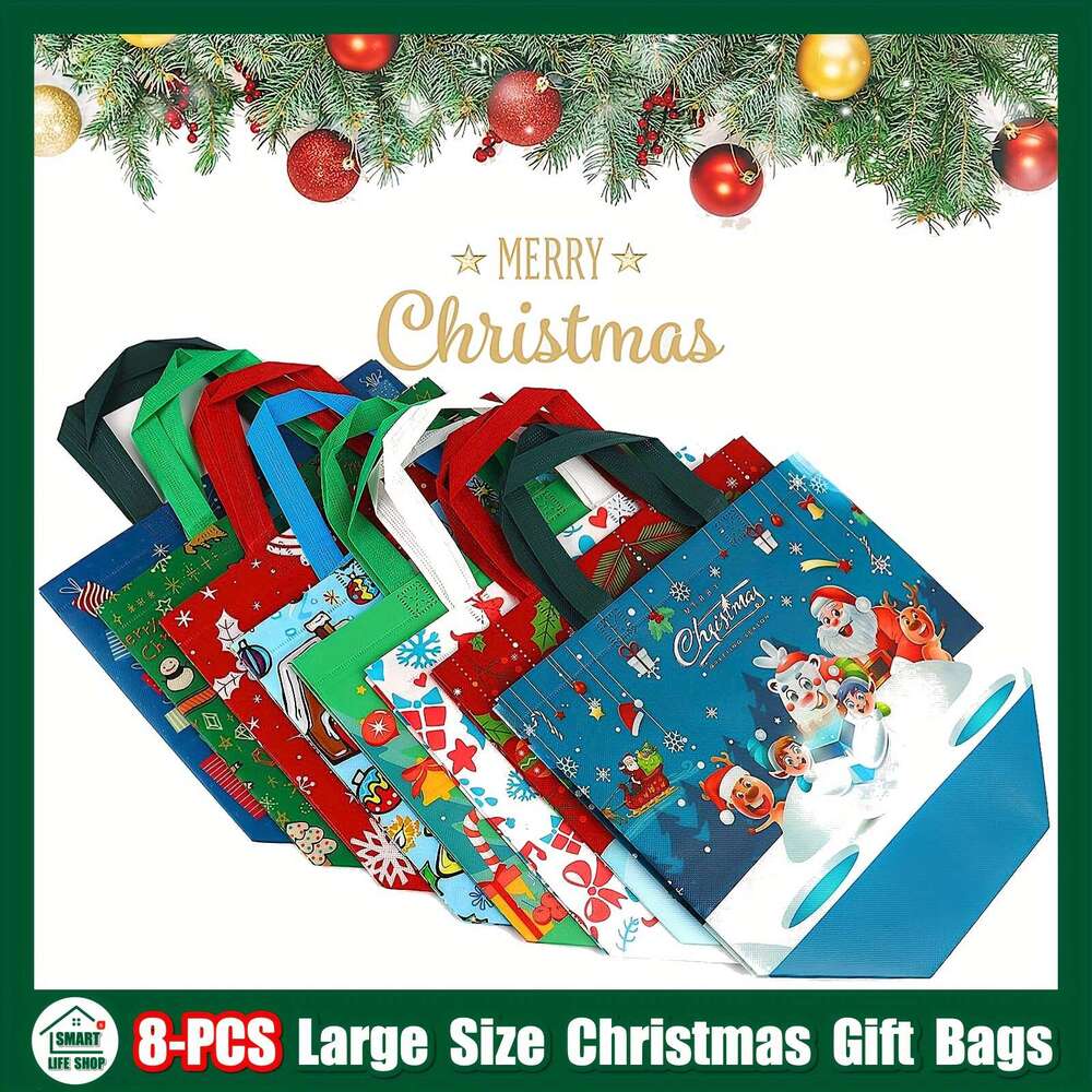 Christmas Gift Tote with Handles, Reusable Reinforced Handle Grocery Treat Bags, Multifunctional Non-Woven Christmas Bags for Gifts
