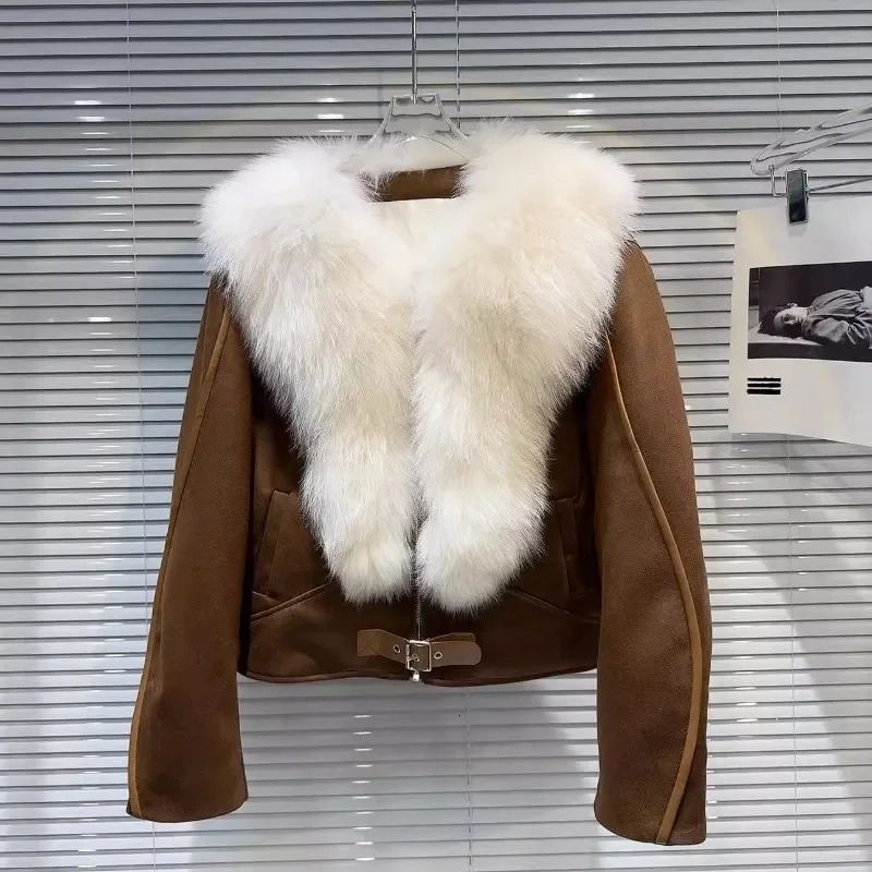 Winter Big Fox Fur Collar Suede Lining Leather Jacket Womens Clothing Long Sleeve Park Cotton Lining 241108