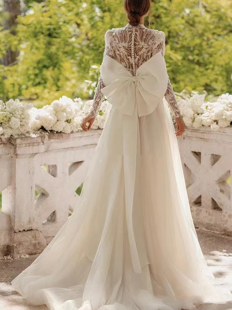 Wedding 2024 Bohemia Dresses Vintage Tulle Bridal Gowns Lace ddmysmile Appliques Long Sleeves High Neck A-Line Robe 2023 Vestidos De Novia Smile