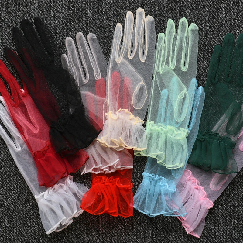 1 new Pairs Transparent Gauze Full Finger Gloves 2025 Ultra Thin Stretchy Short Tulle Gloves Wedding Elastic Lotus Leaf Sheer Mittens